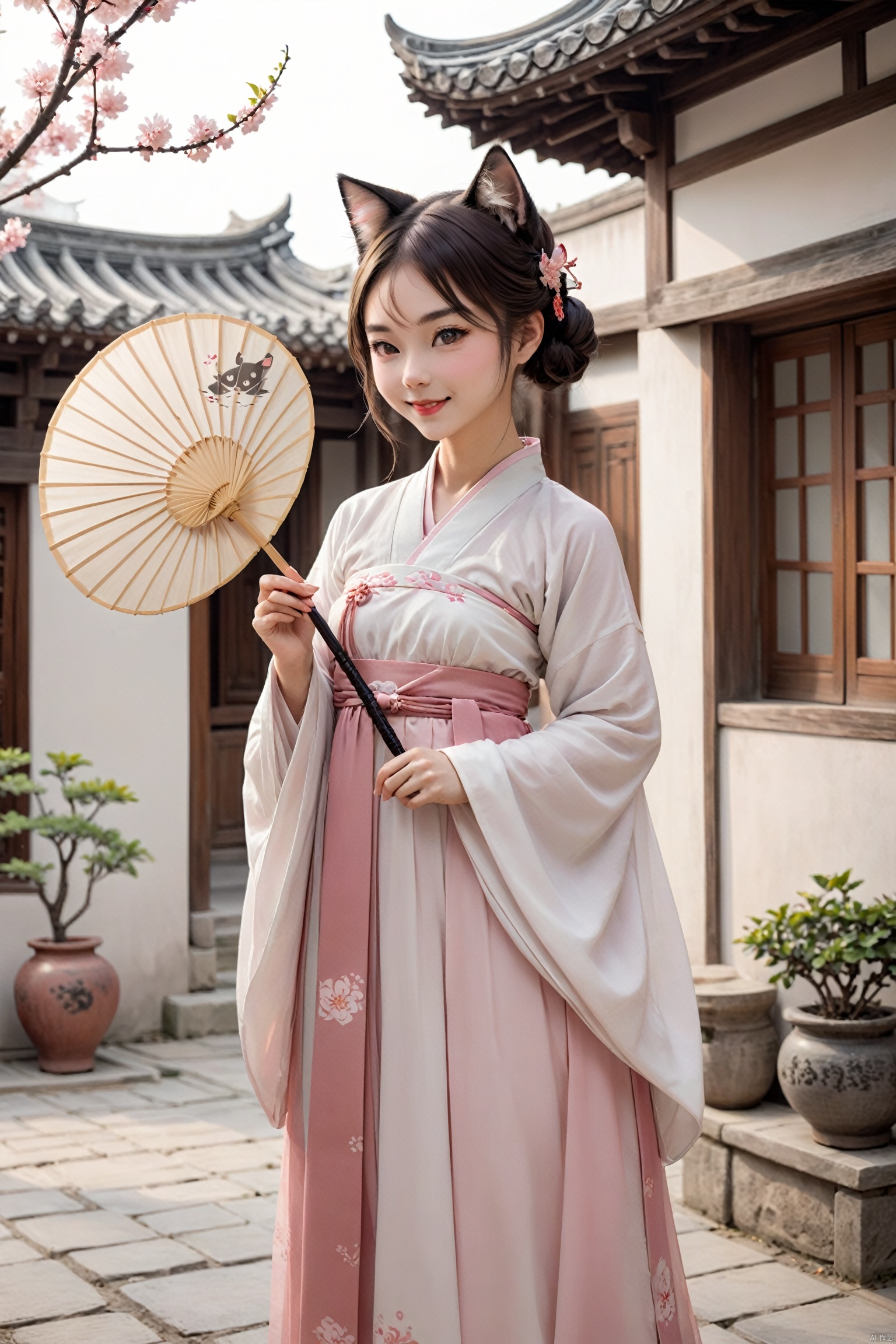 A catgirl in Hanfu stands in an antique courtyard, her cat ears and tail complementing the elegance of the traditional attire. She holds a folding fan in her hand, a sweet smile on her face, as if awaiting a spring rendezvous. The skirt of the Hanfu sways gently with the breeze, harmoniously blending with her catgirl traits., hanfu