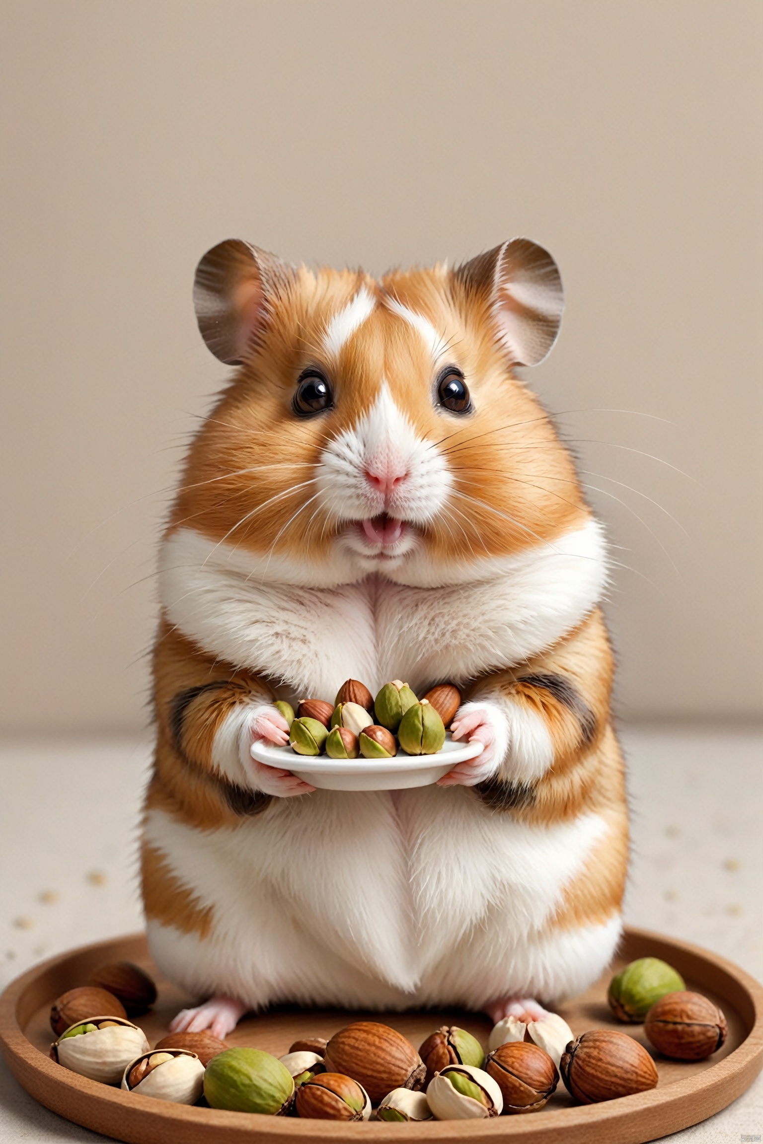 Cute animal, a hamster with white and brown patterns, facing the camera, holding a tray filled with various nuts and pistachios, cute style, realistic,
