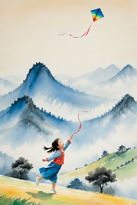  traditional chinese ink painting,On a tranquil field, a little girl flies a colorful kite. Her hair flutters gently in the breeze, and her face is filled with a smile of freedom. The kite soars in the blue sky, forming a harmonious scene with the surrounding natural landscape.