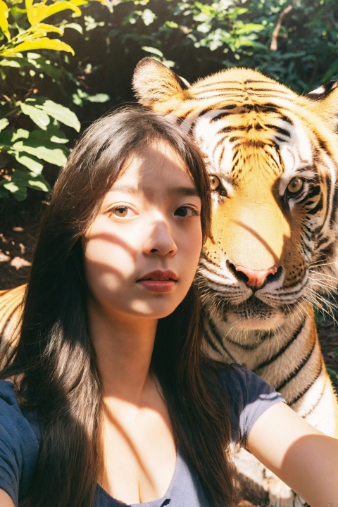 In a selfie view, a girl is close to a tiger, holding up her phone for a shot. Her eyes are curious and wary, while the tiger looks calm. Sunlight filters through the leaves, casting a wild pattern of light and shadow on them. The phone's flash is ready to capture this tense and thrilling moment.