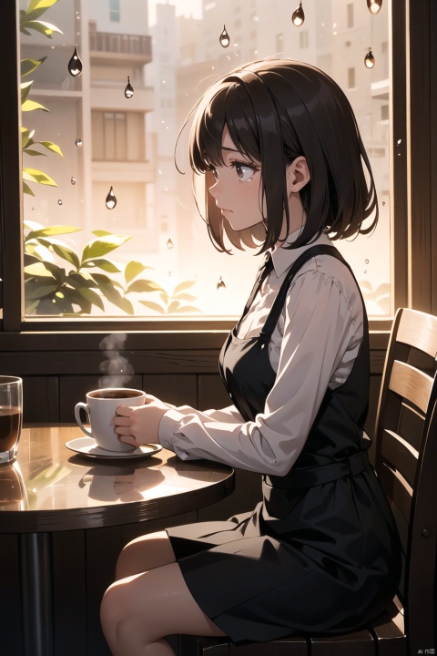 In a café, a young woman sits by the window, raindrops leaving marks on the glass outside. Her tears fall into her coffee cup, mingling with the aroma of the coffee. The café's warm lighting cannot warm her cold heart. Her silhouette by the window appears particularly lonely, as if waiting for a warm embrace.