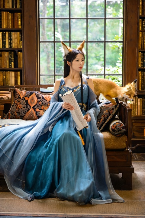 In a study filled with ancient books, a fox spirit sits on a couch by the window, holding a scroll. She wears a blue off-shoulder long dress, the hem falling to her arms, revealing her fox ears and a snippet of her tail. Her gaze is focused and profound, but an unintentional sensuality and allure leak through, making it hard for onlookers to look away.