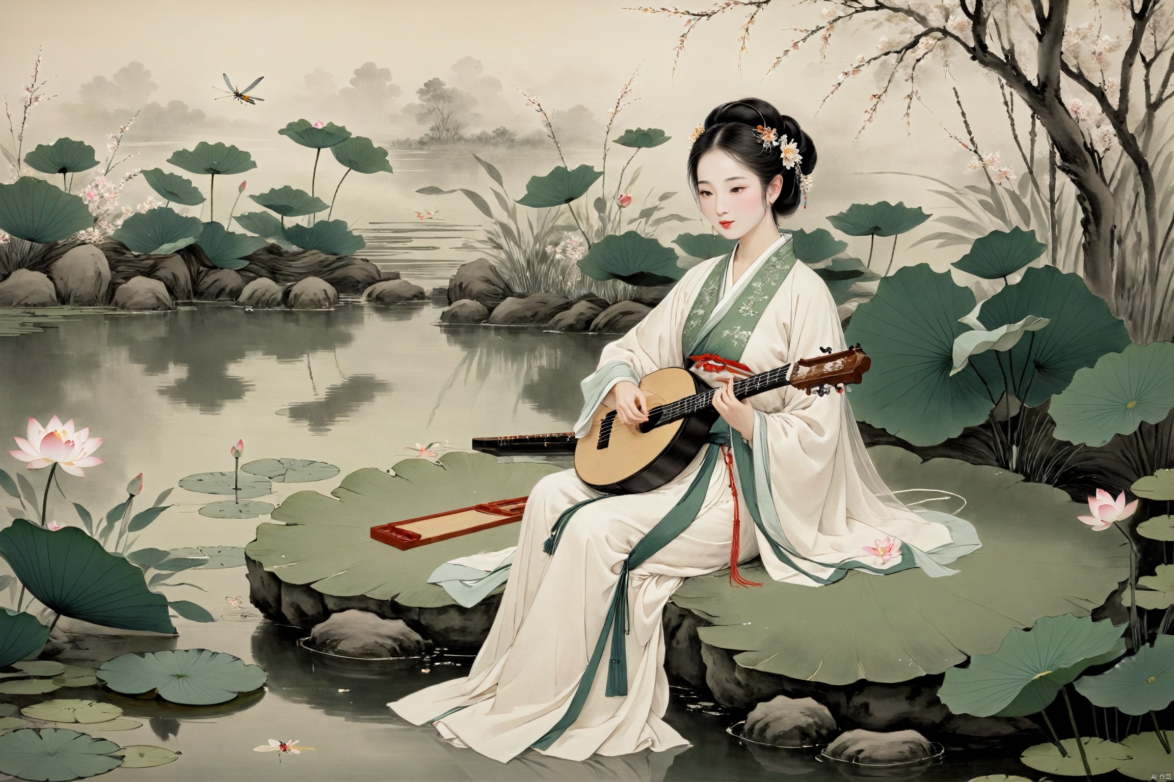 The woman, dressed in traditional Hanfu, sits on a green stone by the pond, gently strumming her biwa lute. The blooming lotus flowers and darting dragonflies complement the melodious notes of the pipa, creating a harmonious scene of movement and stillness., traditional chinese ink painting,black and white ink painting,willow branches