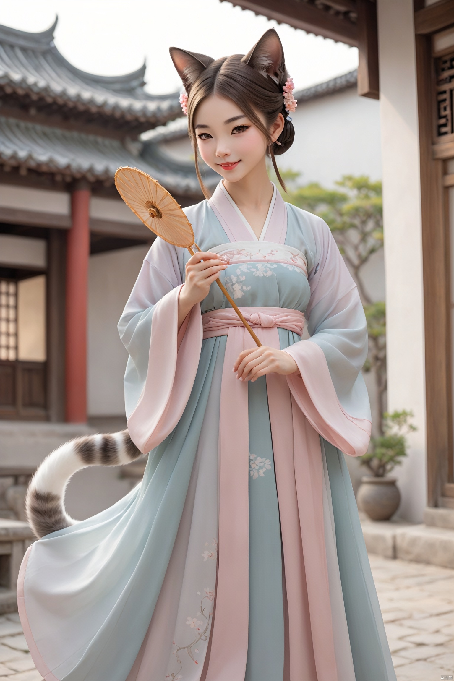 A catgirl in Hanfu stands in an antique courtyard, her cat ears and tail complementing the elegance of the traditional attire. She holds a folding fan in her hand, a sweet smile on her face, as if awaiting a spring rendezvous. The skirt of the Hanfu sways gently with the breeze, harmoniously blending with her catgirl traits., hanfu