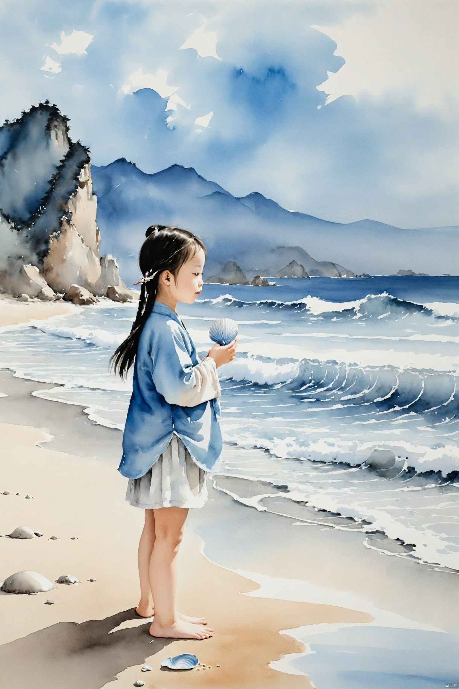  traditional chinese ink painting,A little lovely girl on the beach by the sea, holds a seashell in her hand, intently listening to the sound of the waves. Behind her is a vast expanse of blue ocean, with waves gently lapping the shore, creating a harmonious scene with the girl's tranquility.