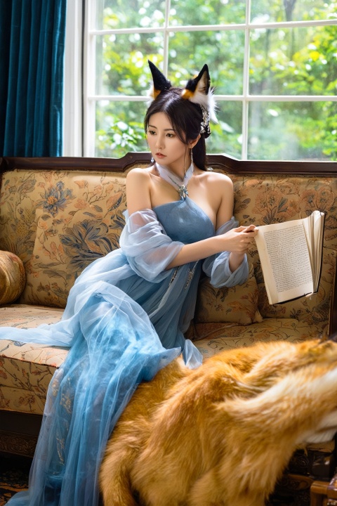 In a study filled with ancient books, a fox spirit sits on a couch by the window, holding a scroll. She wears a blue off-shoulder long dress, the hem falling to her arms, revealing her fox ears and a snippet of her tail. Her gaze is focused and profound, but an unintentional sensuality and allure leak through, making it hard for onlookers to look away.