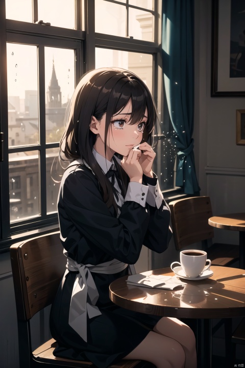 In a café, a young woman sits by the window, raindrops leaving marks on the glass outside. Her tears fall into her coffee cup, mingling with the aroma of the coffee. The café's warm lighting cannot warm her cold heart. Her silhouette by the window appears particularly lonely, as if waiting for a warm embrace.