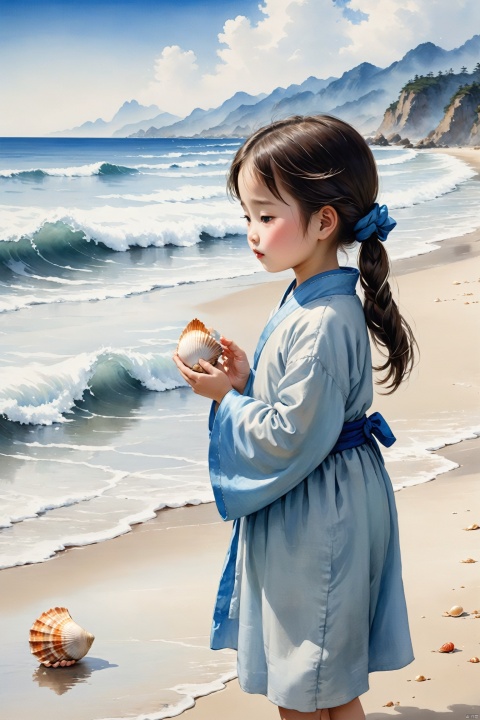  traditional chinese ink painting,A little lovely girl on the beach by the sea, holds a seashell in her hand, intently listening to the sound of the waves. Behind her is a vast expanse of blue ocean, with waves gently lapping the shore, creating a harmonious scene with the girl's tranquility.