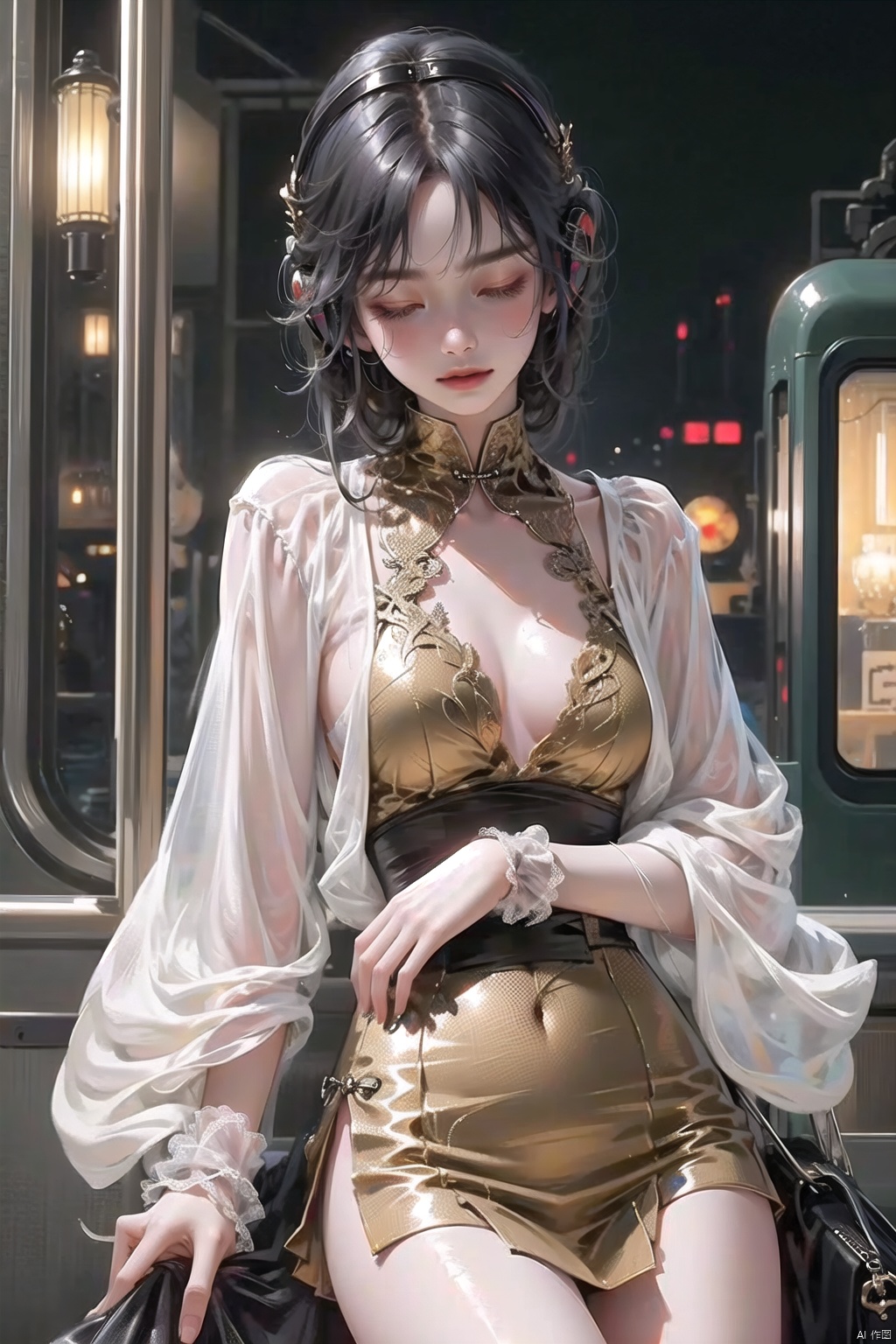  A Chinese girl leans against the door of a train, her eyes closed as she listens to music through her headphones. The train is passing through a city at night, and the city lights flicker in the window behind her. Her face is serene, a contrast to the bustling world outside. The scene captures a moment of personal tranquility amidst the urban chaos.