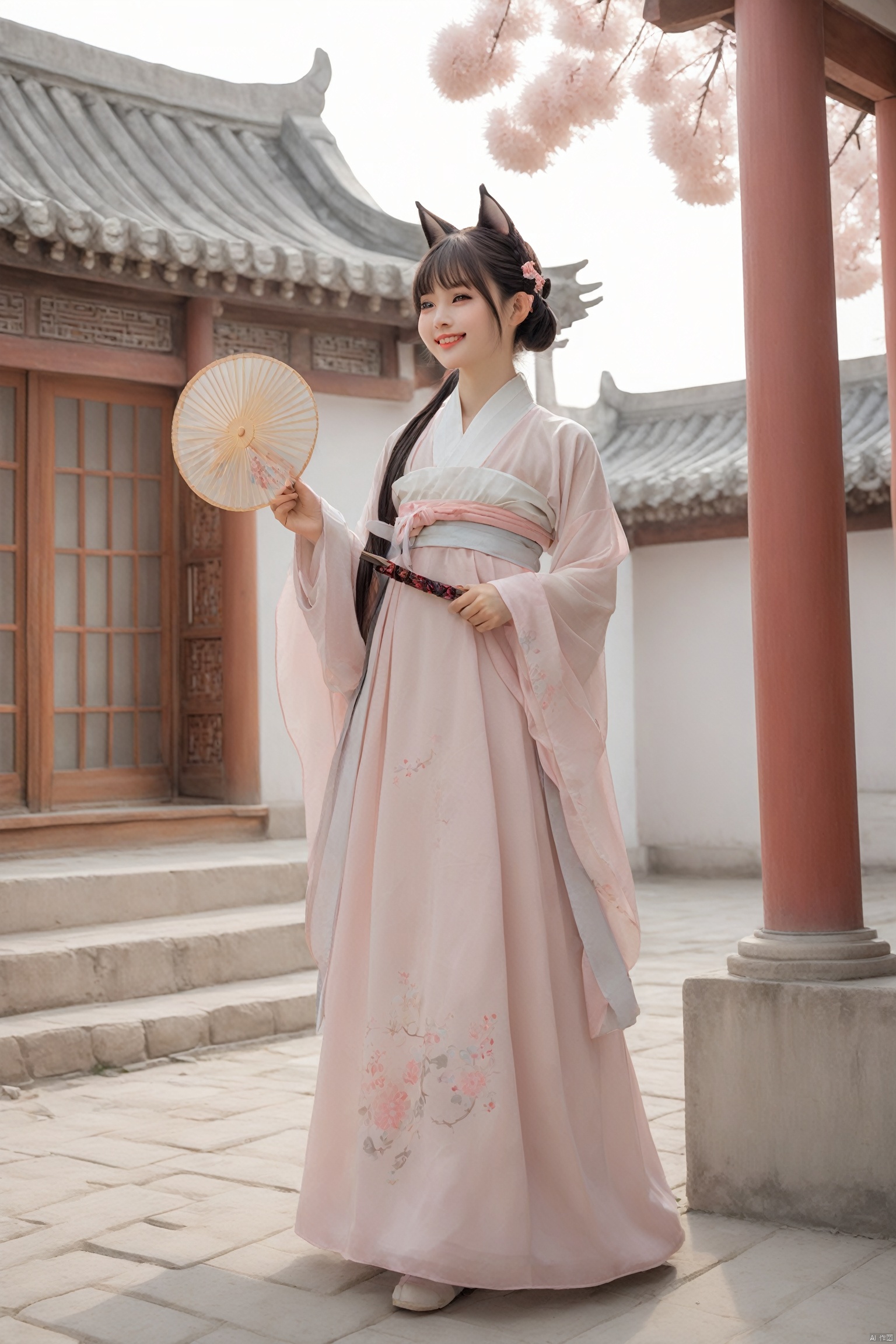 A catgirl in Hanfu stands in an antique courtyard, her cat ears and tail complementing the elegance of the traditional attire. She holds a folding fan in her hand, a sweet smile on her face, as if awaiting a spring rendezvous. The skirt of the Hanfu sways gently with the breeze, harmoniously blending with her catgirl traits.