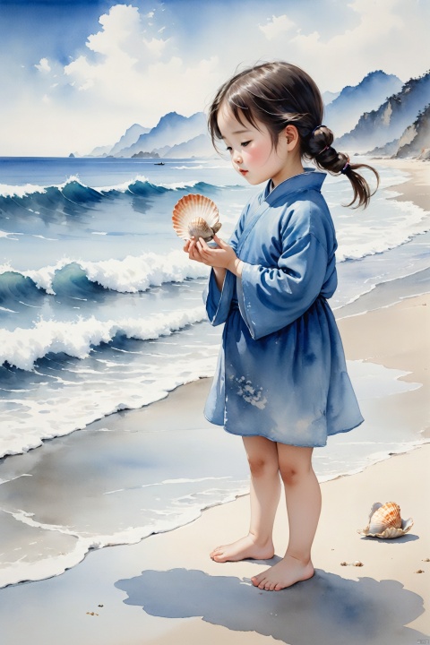  traditional chinese ink painting,A little lovely girl on the beach by the sea, holds a seashell in her hand, intently listening to the sound of the waves. Behind her is a vast expanse of blue ocean, with waves gently lapping the shore, creating a harmonious scene with the girl's tranquility.