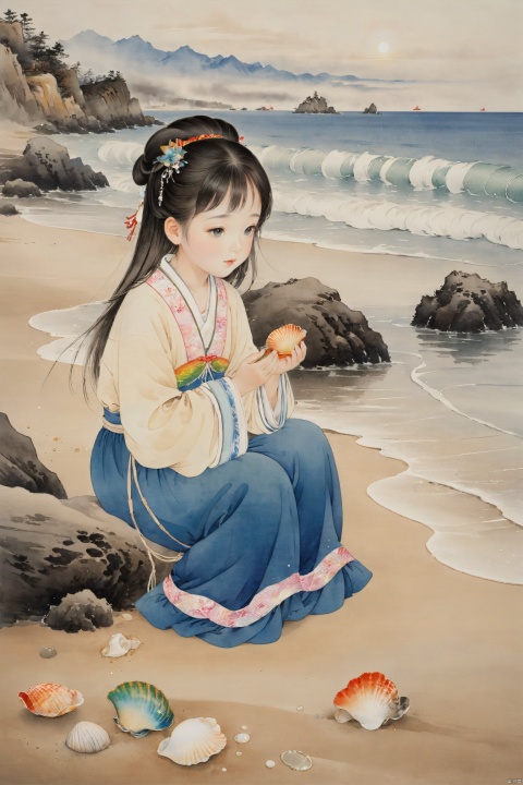 A little girl crouches on the beach, holding a colorful shell in her hands, her eyes full of wonder. Gentle waves lap at the shore, and sunlight sparkles on the sea, creating a serene and beautiful scene., traditional chinese ink painting