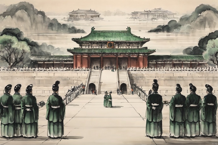 traditional chinese inkpainting,blackandwhiteinkpainting,the imperial palace, a hall of power, exudes its grandeur not only through its monumental architecture but also in the demeanor and atmosphere of the people within. The palace maids, dressed in splendid attire, glide gracefully along the corridors paved with green stone, their movements elegant and cautious, as if each step resonates with the heartbeat of history. The court officials, clad in their ceremonial robes, faces solemn, move through the towering palace walls and the resplendent halls, each bow a solemn act of reverence. The emperor, the sovereign of the nation, sits on his throne, his majesty as imposing as the palace itself, commanding respect and awe. Here, every breath is filled with ceremony, every glance exchanged brimming with veneration., traditional chinese ink painting