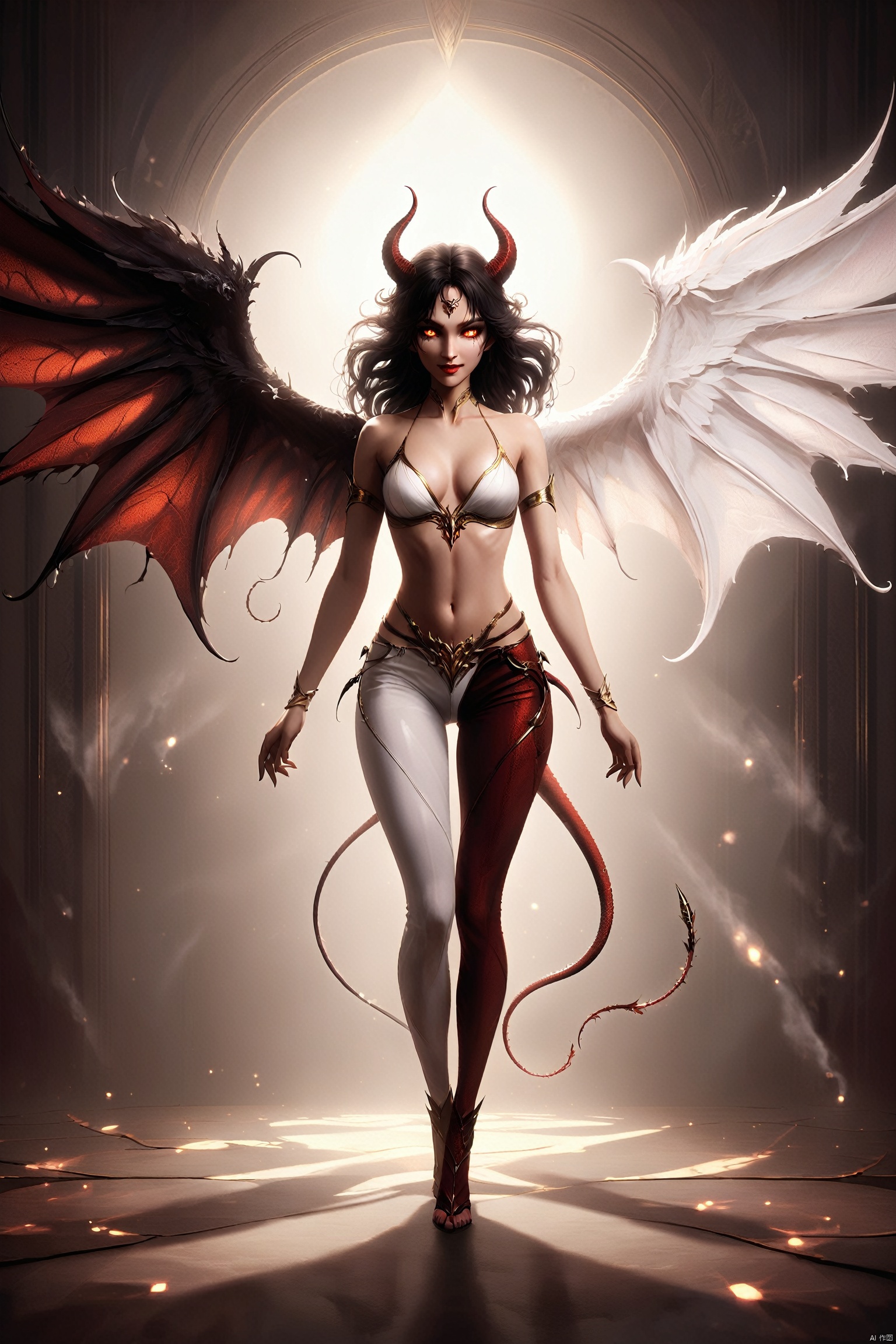 She stands in the dim light, a mysterious and contradictory being. The left half of her body is that of an ordinary human woman, with soft curves and warm skin, dressed in a simple white blouse and jeans, exuding the simplicity of everyday life. However, the right half of her body belongs to a succubus, covered in deep red scales that emit an alluring sheen. Her succubus wings gently unfold, and her tail lightly sways on the ground, her golden eyes flickering with a tempting light. Half of her face is human in its gentleness, while the other half is succubus in its seductiveness, and the smile on her lips is both innocent and cunning, as if telling the secret of her dual identity., wabstyle