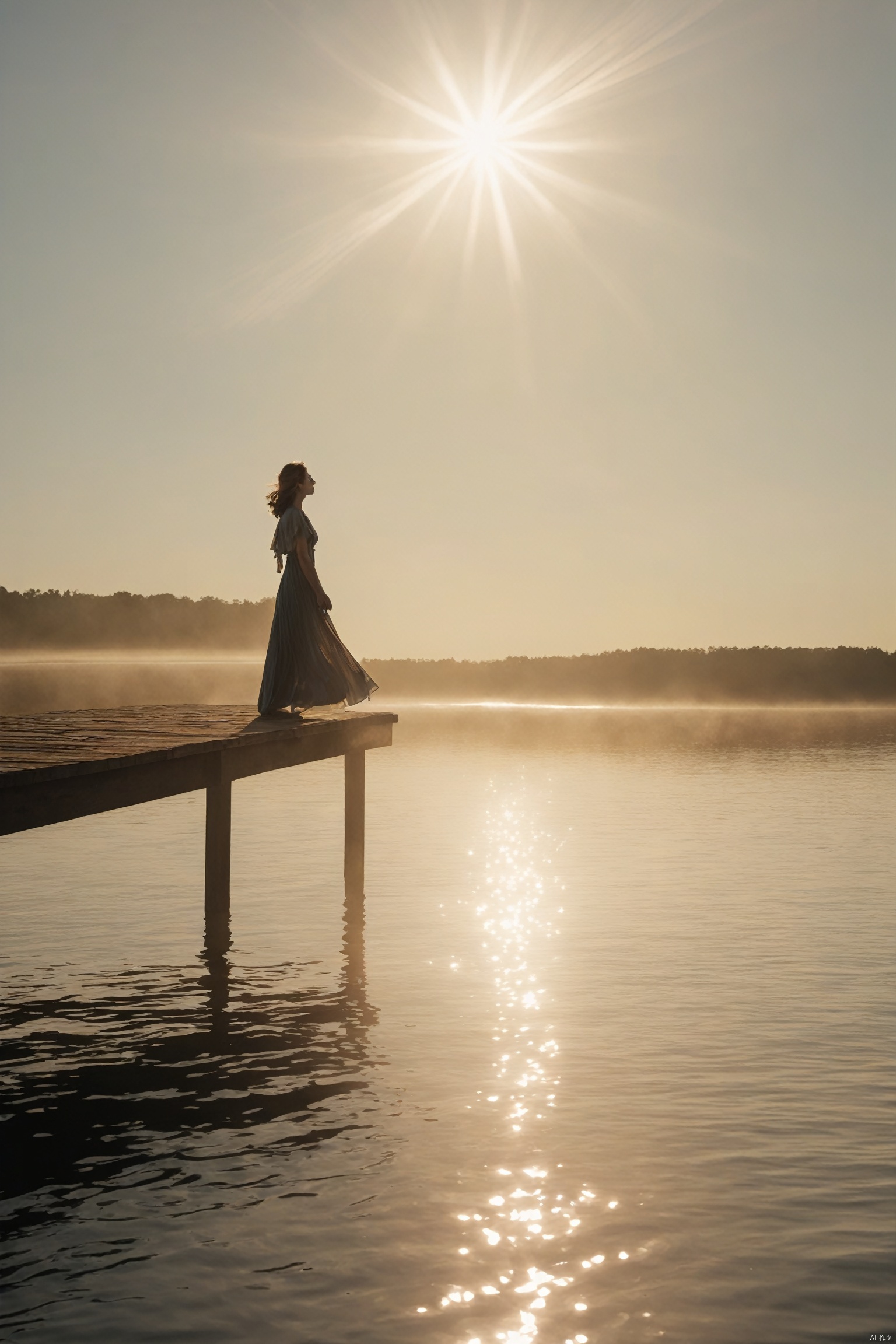 A woman in a flowing dress stands on a pier, her eyes closed as she feels the warm breeze off the water. The sun's rays create a halo around her, and the light dances on the waves, creating a mesmerizing scene of tranquility.