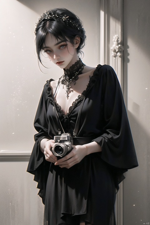 A female model stands in a vintage-themed room, wearing a lace-trimmed black dress that contrasts sharply with the antique furniture. A hint of mystery shines in her eyes, and the vintage camera in her hand serves as a medium for her conversation with the past. The photographer skillfully uses light and shadow to create an atmosphere of time interplay.