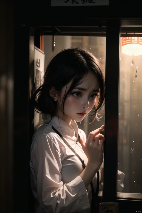 On a rainy night, a young woman stands inside a phone booth, the receiver pressed to her ear, tears streaming down her cheeks. Her eyes reveal despair, as if she has just received heart-wrenching news. The light from the phone booth shines brightly in the rain, and her silhouette appears particularly fragile under the glow., traditional chinese ink painting