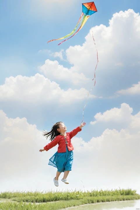  traditional chinese ink painting,On a tranquil field, a little girl flies a colorful kite. Her hair flutters gently in the breeze, and her face is filled with a smile of freedom. The kite soars in the blue sky, forming a harmonious scene with the surrounding natural landscape.