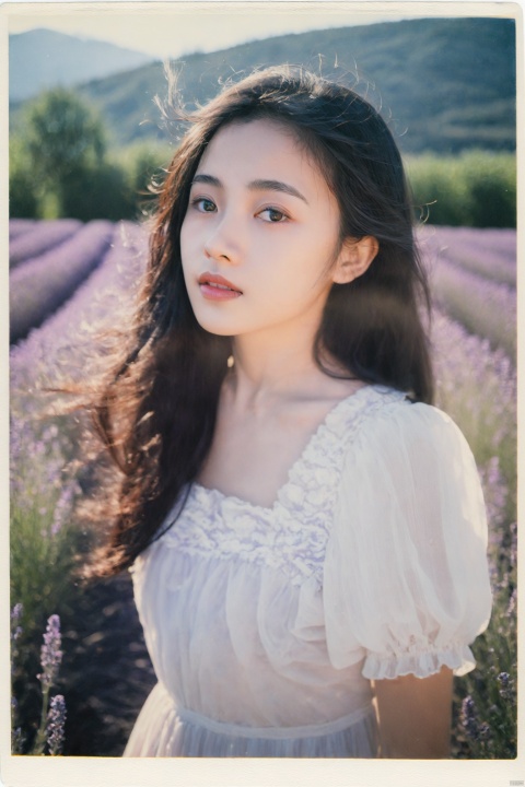 Faded Polaroid photo, medium shot, a black-haired girl stands in a field of lavender, her expression soft, her black eyes sparkling with appreciation for the beauty of nature. She wears a light, flowing white dress, the hem gently billowing in the breeze. The setting sun's rays bathe her in a warm glow, contrasting sharply with the purple flower sea . Her posture is graceful and light, her long hair fluttering in the wind, harmonizing with the surrounding lavender fields. The photo's high-resolution details and the faded analog effect give off a tranquil and romantic countryside atmosphere., mugglelight