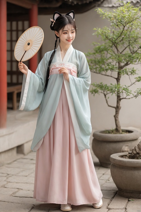 A catgirl in Hanfu stands in an antique courtyard, her cat ears and tail complementing the elegance of the traditional attire. She holds a folding fan in her hand, a sweet smile on her face, as if awaiting a spring rendezvous. The skirt of the Hanfu sways gently with the breeze, harmoniously blending with her catgirl traits., hanfu