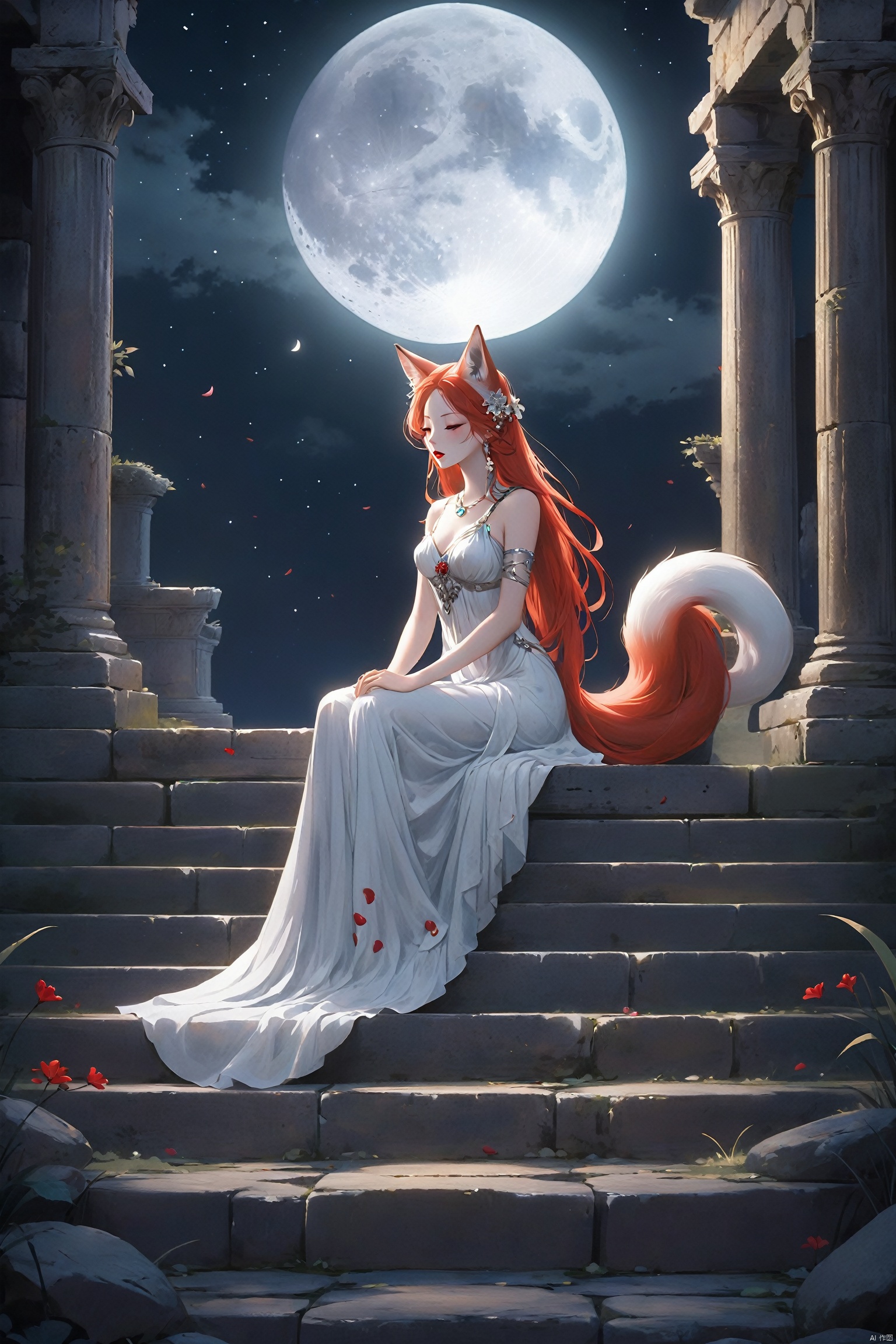 In the ancient ruins bathed in moonlight, the fox spirit sits quietly on a weathered stone step, her fox ears keenly sensitive in the still night, catching the whispers of the dark. Her tail shines with a silver luster in the moonlight, gently rising and falling with her breath. Her dress is the deep color of night, harmonizing with the mysterious atmosphere of the ruins, with the hem fluttering in the night breeze, outlining her sensual figure. Her gaze is deep and captivating, her red lips slightly parted, as if telling ancient tales. Petals fall quietly around her in the moonlight, and she appears as the goddess guarding these ruins, sensual and dignified.