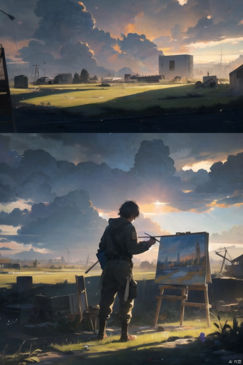  A painter works on a canvas at a war site, depicting a vibrant garden that stands in stark contrast to the desolation around him. Sunlight breaks through the clouds, illuminating his canvas and the hope within him, showing that even in the darkest times, art can bring light.