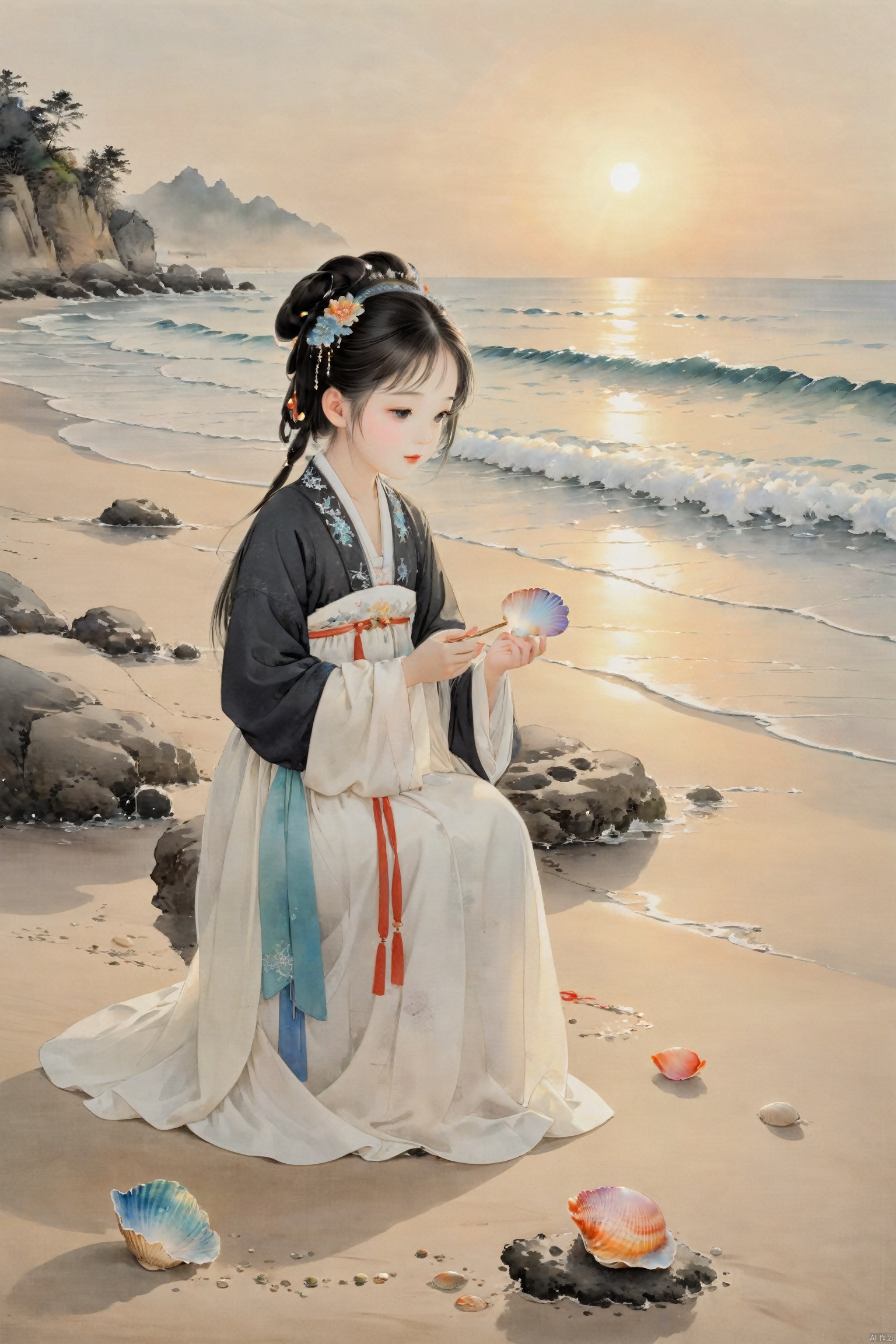 A little girl crouches on the beach, holding a colorful shell in her hands, her eyes full of wonder. Gentle waves lap at the shore, and sunlight sparkles on the sea, creating a serene and beautiful scene., traditional chinese ink painting,black and white ink painting, hanfu