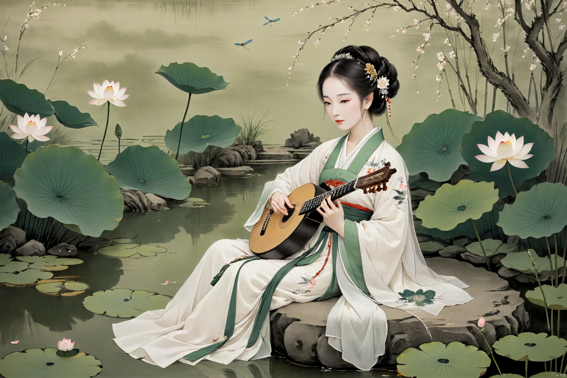 The woman, dressed in traditional Hanfu, sits on a green stone by the pond, gently strumming her biwa lute. The blooming lotus flowers and darting dragonflies complement the melodious notes of the pipa, creating a harmonious scene of movement and stillness., traditional chinese ink painting,black and white ink painting,willow branches