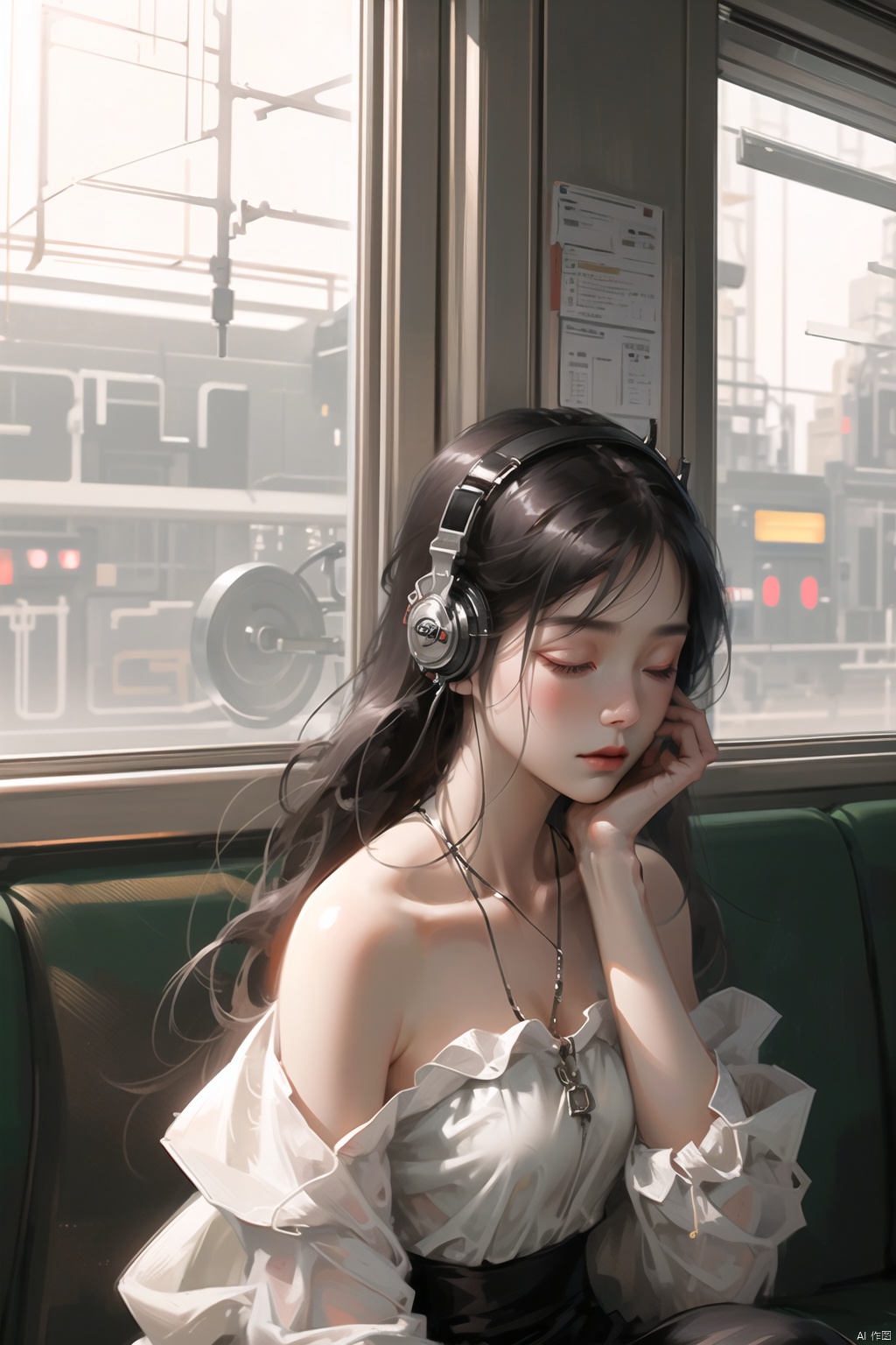  A Chinese girl leans against the door of a train, her eyes closed as she listens to music through her headphones. The train is passing through a city at night, and the city lights flicker in the window behind her. Her face is serene, a contrast to the bustling world outside. The scene captures a moment of personal tranquility amidst the urban chaos.