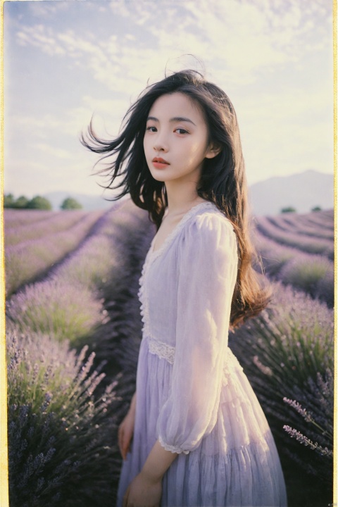Faded Polaroid photo, medium shot, a black-haired girl stands in a field of lavender, her expression soft, her black eyes sparkling with appreciation for the beauty of nature. She wears a light, flowing white dress, the hem gently billowing in the breeze. The setting sun's rays bathe her in a warm glow, contrasting sharply with the purple花海. Her posture is graceful and light, her long hair fluttering in the wind, harmonizing with the surrounding lavender fields. The photo's high-resolution details and the faded analog effect give off a tranquil and romantic countryside atmosphere., mugglelight