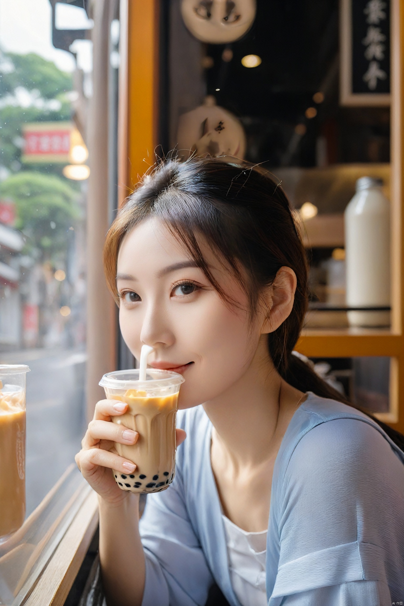  A young woman in her early twenties sits in a modern milk tea shop, holding a steaming cup of milk tea in her hands. Her eyes show a hint of contentment as she occasionally glances out the window, where the street scene creates a dynamic canvas on the glass. The soft lighting inside the shop mingles with the aroma of the milk tea, creating a relaxed and joyful atmosphere. She gently blows on the milk tea, sipping it with care, as if savoring a small but certain happiness of her own.