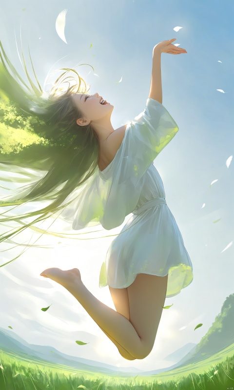  (masterpiece),(bestquality),[realistic,octanerender,3DCG],On a lush green meadow, a young girl is leaping into the air, her long hair fluttering like a ribbon in the wind. Her smile is radiant, her eyes sparkling with the joy of freedom and happiness. Sunlight filters through the gaps in the leaves, casting dappled shadows on her, complementing her graceful figure. Her jump seems to celebrate the infinite possibilities of life, each landing accompanied by cheerful laughter, brimming with the vitality of youth.