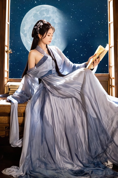 The fox spirit reclines on a couch by the window, her wet hair cascading down like a dark waterfall, catching the moonlight that streams in. She holds a Bamboo Book, its pages whispering ancient secrets as she reads. Clad in a blue off-shoulder long dress, the fabric slips off her arms, revealing her fox ears and a soft brush of her tail. The unintentional sensuality of her posture, combined with the allure of her gaze, is captivating. The room is drenched in the soft, silver glow of the moon, casting a tranquil and ethereal light that enhances the blue of her dress and the wetness of her hair, creating a scene that's both serene and seductive. The shadows play across her relaxed form, adding a touch of mystery to her natural charm.