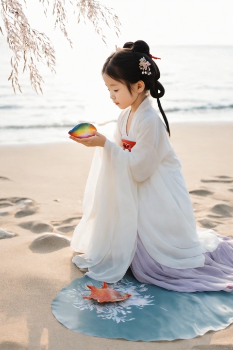 A little girl crouches on the beach, holding a colorful shell in her hands, her eyes full of wonder. Gentle waves lap at the shore, and sunlight sparkles on the sea, creating a serene and beautiful scene., traditional chinese ink painting,black and white ink painting, hanfu,willow branches
