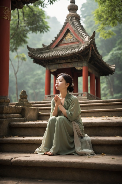 A Chinese girl sits on the steps of an ancient temple, her hands folded in her lap. The temple is surrounded by a lush, green forest, and the air is filled with the scent of incense and the sound of distant chanting. She is lost in thought, her face a picture of serenity, as if finding solace in the sacred space. The scene is a moment of spiritual tranquility, a retreat into the peace of the temple.