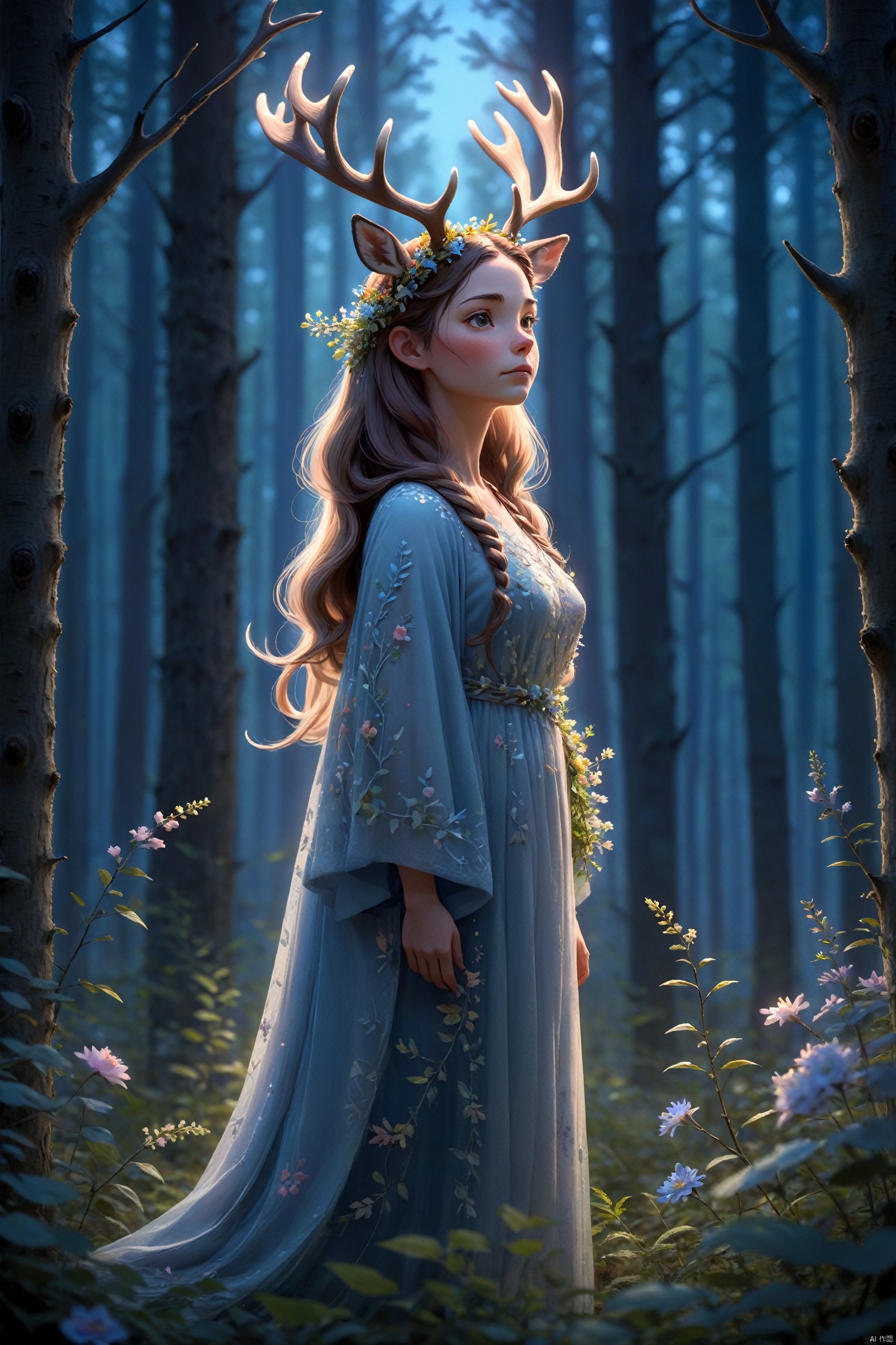 A character with the features of a deer, her antlers adorned with flowers, stands in a forest clearing at twilight. The soft, blue light of the evening sky filters through the trees, casting a cool, ethereal glow on her face and the delicate patterns on her fur. The forest is quiet, and the light creates a peaceful ambiance as she gazes into the distance.