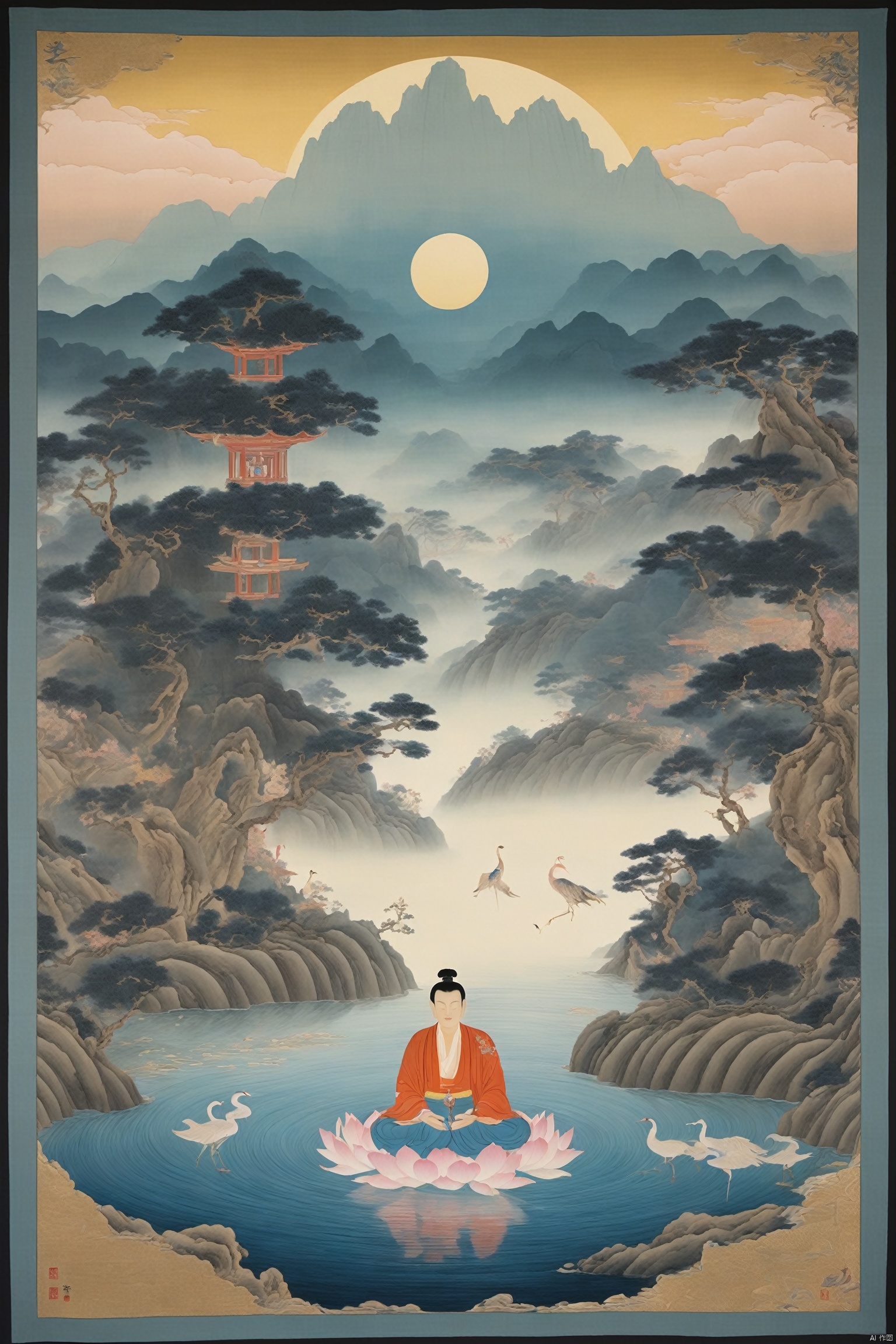 A cultivator in Daoist robes meditates in a valley, with three halos above, interwoven with golden, blue, and purple lights, radiating energy that symbolizes the union of essence, energy, and spirit. The backdrop is a misty landscape painting, with the halos' edges shimmering with a mystical glow, and lotus flowers and cranes adding to the transcendent atmosphere of cultivation.