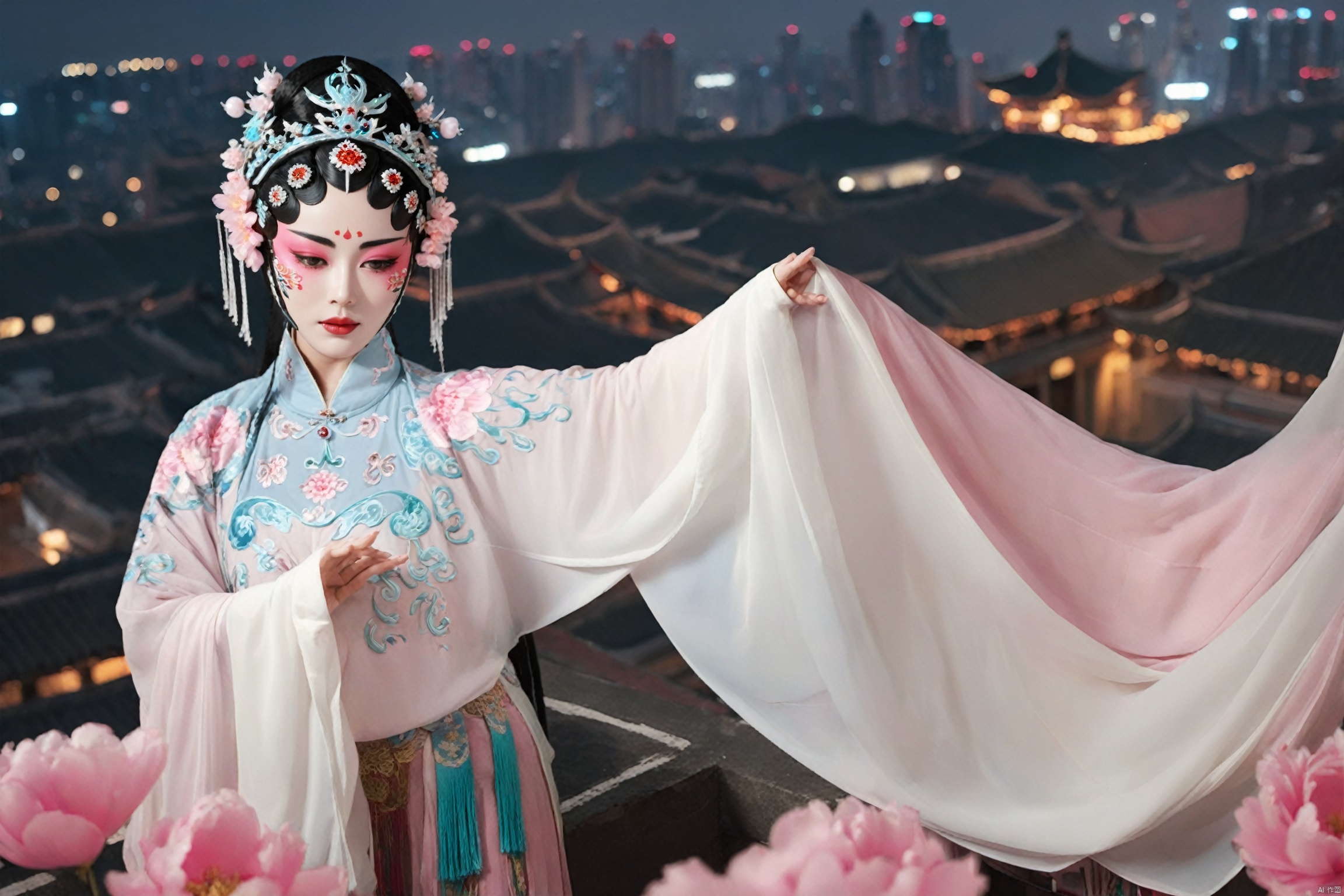 Surrealism, cyberpunk style, a young girl (dressed in traditional Chinese opera costumes and makeup: 1.3), spinning gracefully on the rooftop of a high-rise building (dancing with extremely long white sleeves: 1.4), pink petals fluttering down one after another, stage lighting (in front of the grand city under the night, high angle perspective: 1.4), the fusion of technology and traditional culture, stunning, cinematic,