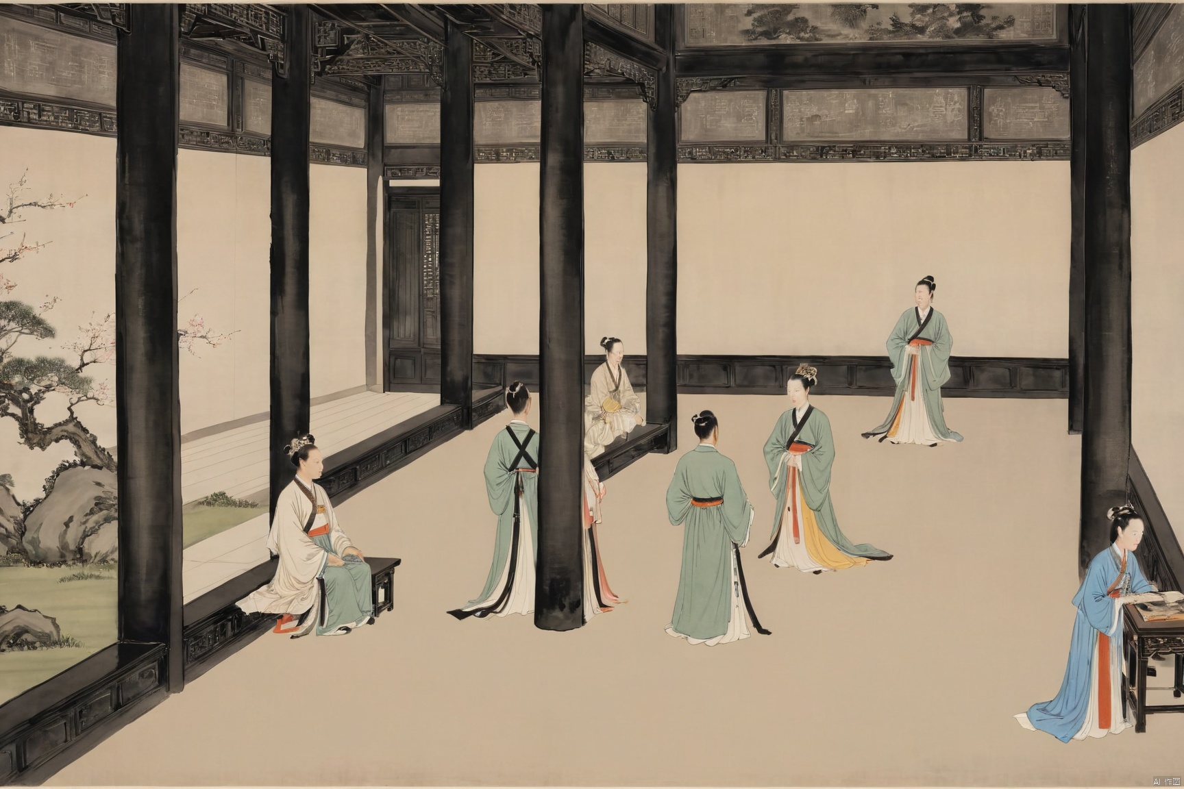 traditional chinese inkpainting,blackandwhiteinkpainting,the imperial palace, a hall of power, exudes its grandeur not only through its monumental architecture but also in the demeanor and atmosphere of the people within. The palace maids, dressed in splendid attire, glide gracefully along the corridors paved with green stone, their movements elegant and cautious, as if each step resonates with the heartbeat of history. The court officials, clad in their ceremonial robes, faces solemn, move through the towering palace walls and the resplendent halls, each bow a solemn act of reverence. The emperor, the sovereign of the nation, sits on his throne, his majesty as imposing as the palace itself, commanding respect and awe. Here, every breath is filled with ceremony, every glance exchanged brimming with veneration., traditional chinese ink painting