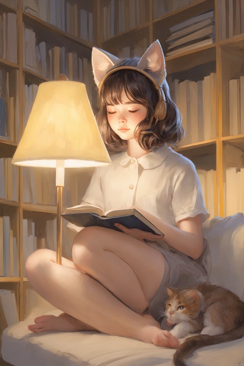  A character with feline traits sits in a quiet corner of a library, her cat ears perked up as she reads a book. The soft, yellow light from the reading lamp casts a gentle glow on her face, highlighting the soft fur on her cheeks and the concentration in her eyes. The scene is a peaceful blend of knowledge and the whimsy of her feline features.