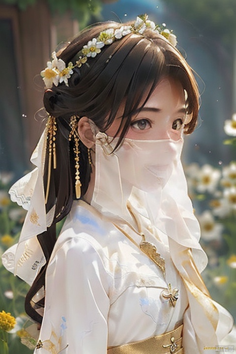  wavy hair wavy hair,Head close-up,Eyes are very delicate,ancient chinese beauties,Gorgeous lace golden white Hanfu,（（（hair accessories）））（（（veil）））,necklace,（（shiny skin））a garden with many flowers,（（（masterpiece）））, （（best quality））, （（intricate details））, （（surreal））（8k）