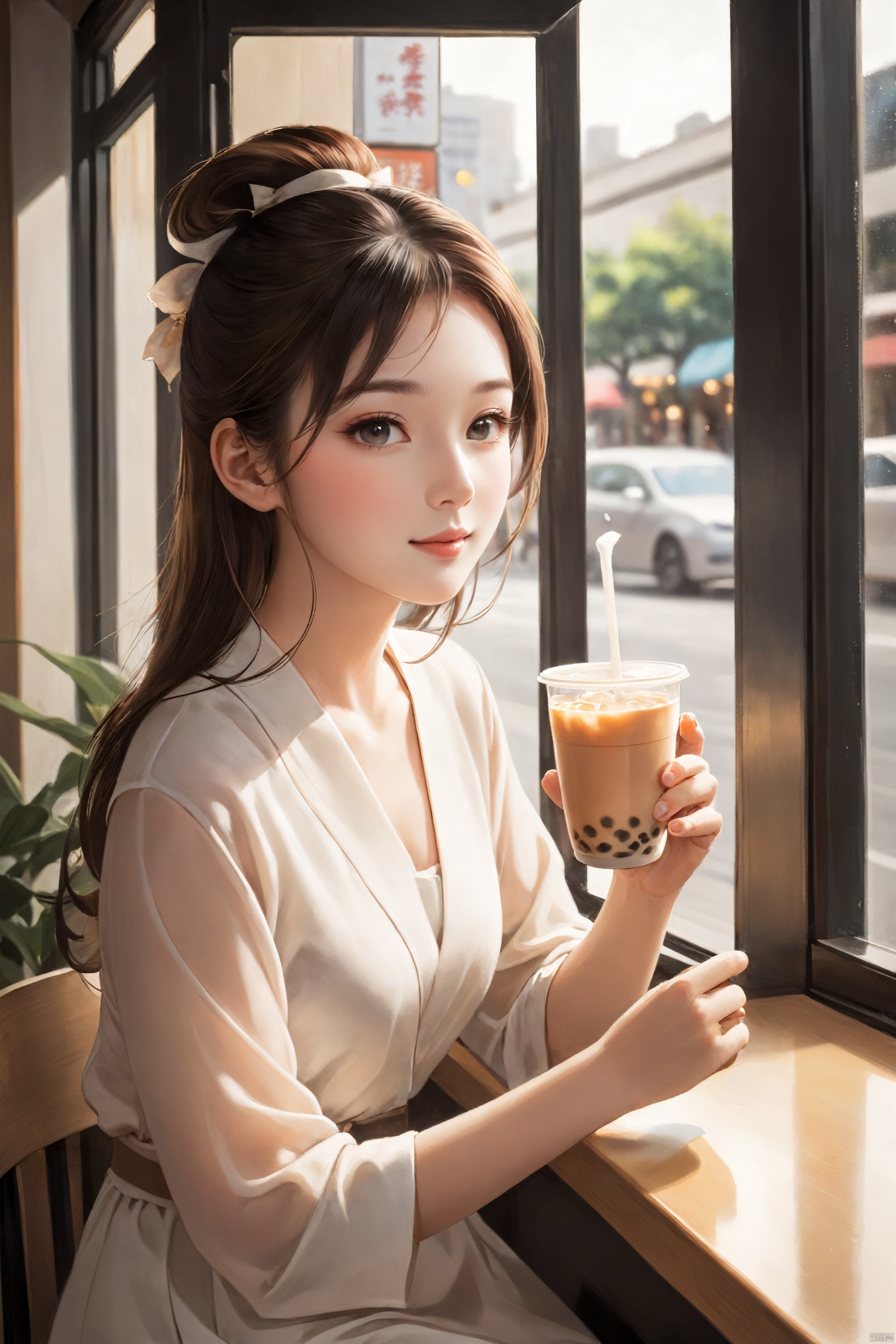 A young woman in her early twenties sits in a modern milk tea shop, holding a steaming cup of milk tea in her hands. Her eyes show a hint of contentment as she occasionally glances out the window, where the street scene creates a dynamic canvas on the glass. The soft lighting inside the shop mingles with the aroma of the milk tea, creating a relaxed and joyful atmosphere. She gently blows on the milk tea, sipping it with care, as if savoring a small but certain happiness of her own.