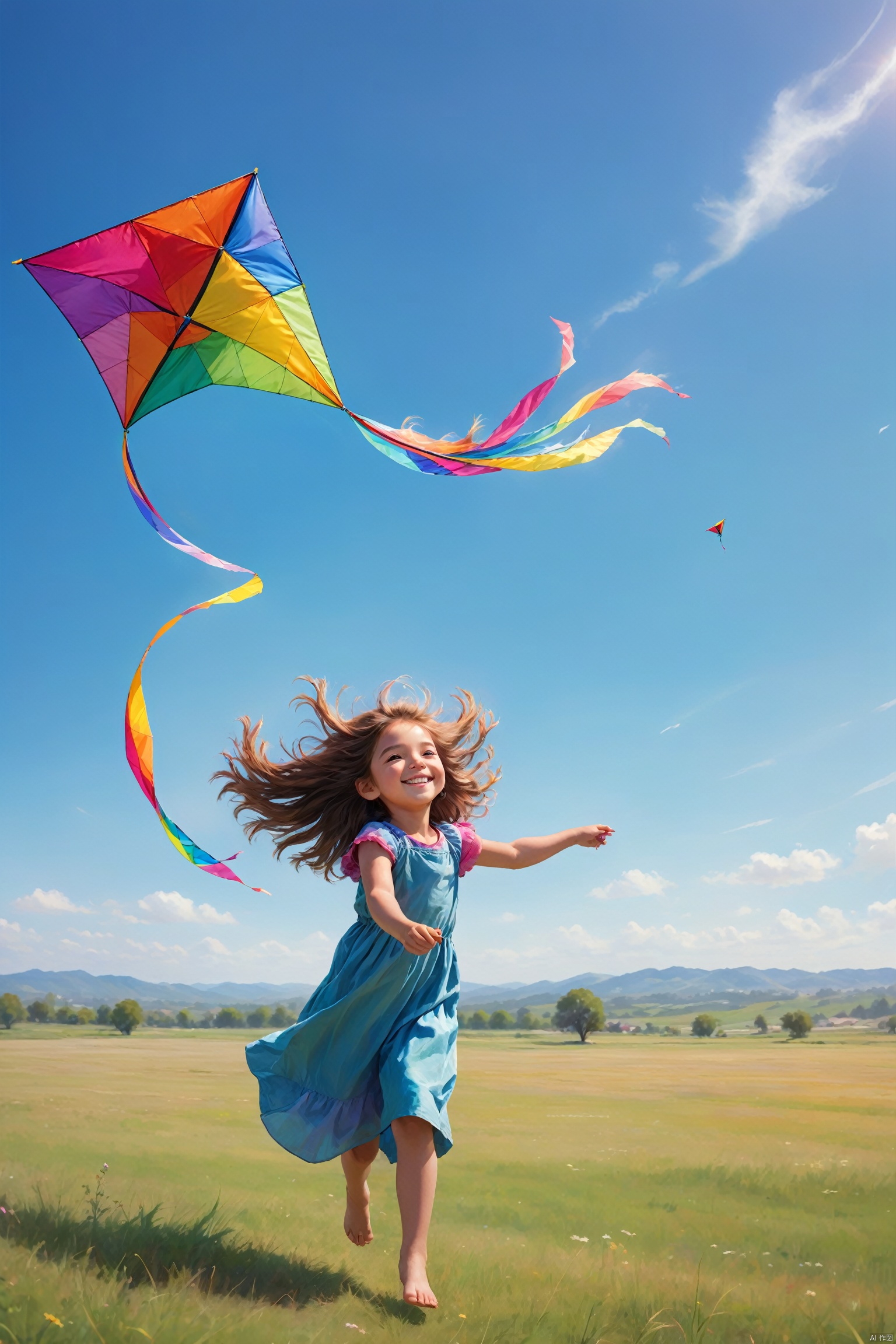 On a tranquil field, a little girl flies a colorful kite. Her hair flutters gently in the breeze, and her face is filled with a smile of freedom. The kite soars in the blue sky, forming a harmonious scene with the surrounding natural landscape.