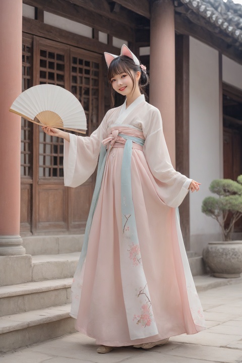 A catgirl in Hanfu stands in an antique courtyard, her cat ears and tail complementing the elegance of the traditional attire. She holds a folding fan in her hand, a sweet smile on her face, as if awaiting a spring rendezvous. The skirt of the Hanfu sways gently with the breeze, harmoniously blending with her catgirl traits.