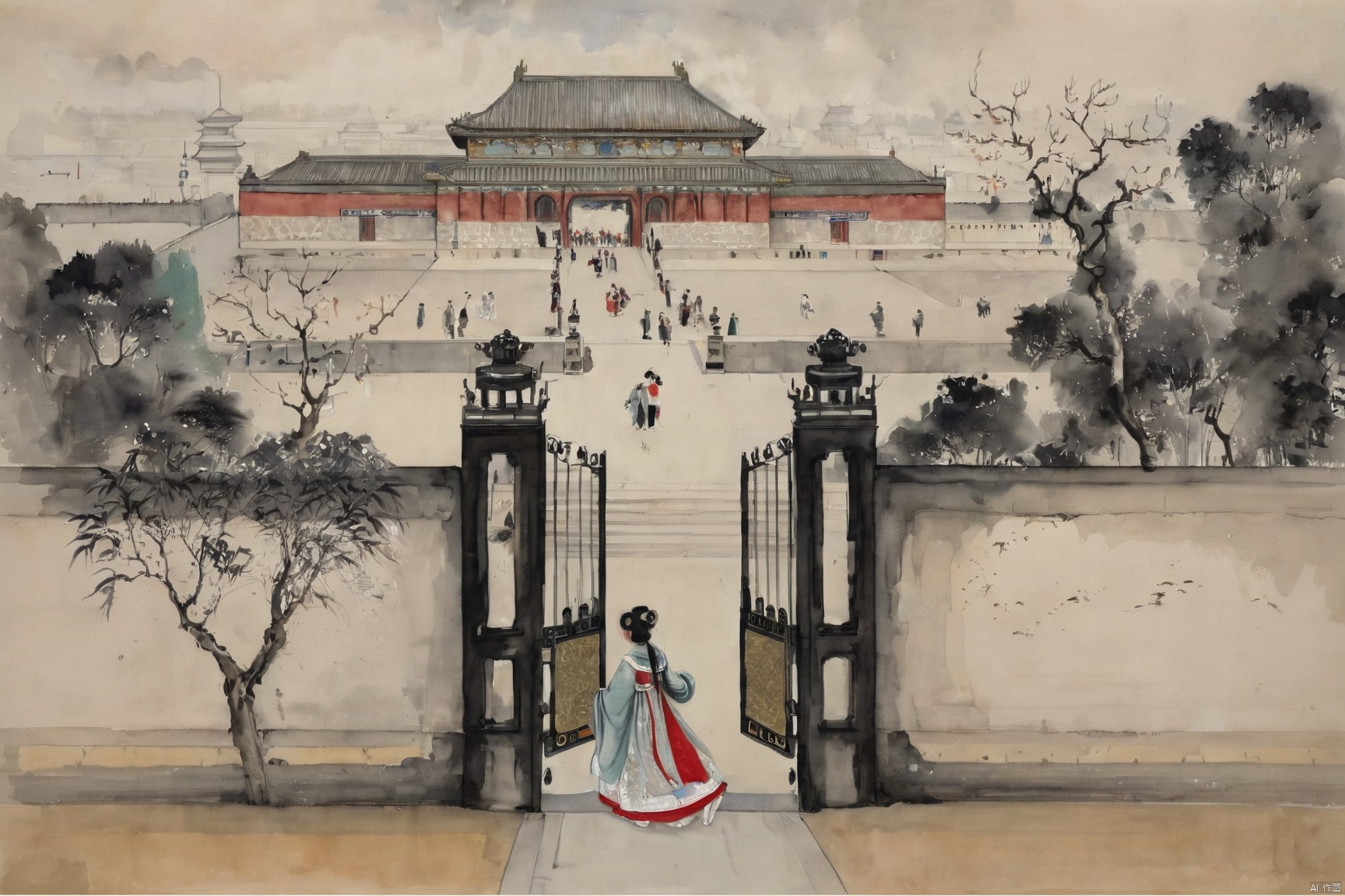 traditional chinese inkpainting,blackandwhiteinkpainting,A young woman, dressed in resplendent court attire, slowly approaches the grand palace gates. Her skirt gently sways with each step, each movement exuding a sense of solemnity and grace. The palace gates tower into the sky, their golden doors gleaming with a dazzling radiance under the sunlight. The wide stone steps leading up to the gates are solemn and majestic, flanked by exquisitely carved stone lions, as if guarding the symbol of power. Her eyes sparkle with anticipation and reverence, as if she is about to step into a world filled with legends and glory., traditional chinese ink painting,black and white ink painting,willow branches