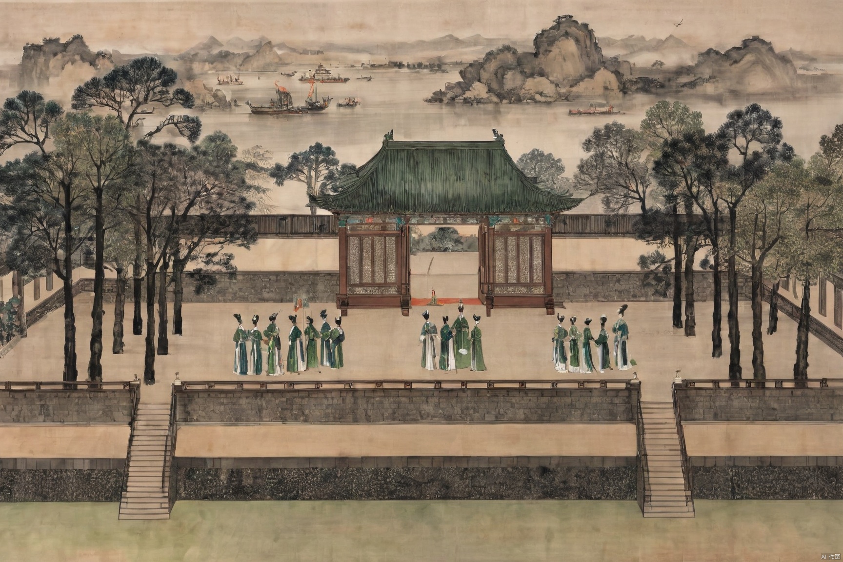 traditional chinese inkpainting,blackandwhiteinkpainting,the imperial palace, a hall of power, exudes its grandeur not only through its monumental architecture but also in the demeanor and atmosphere of the people within. The palace maids, dressed in splendid attire, glide gracefully along the corridors paved with green stone, their movements elegant and cautious, as if each step resonates with the heartbeat of history. The court officials, clad in their ceremonial robes, faces solemn, move through the towering palace walls and the resplendent halls, each bow a solemn act of reverence. The emperor, the sovereign of the nation, sits on his throne, his majesty as imposing as the palace itself, commanding respect and awe. Here, every breath is filled with ceremony, every glance exchanged brimming with veneration., traditional chinese ink painting