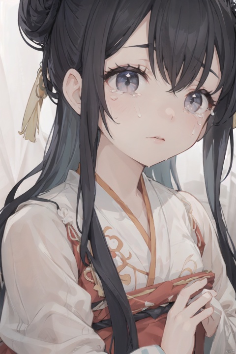  A close-up of a young woman's face, her eyes brimming with tears, a single teardrop tracing its way down her cheek. She wears a Hanfu, the traditional Chinese attire, with its flowing sleeves and intricate embroidery. Her hair is styled in a delicate bun, adorned with a simple yet elegant hairpin. The tear on her face reflects the light, capturing a moment of raw emotion. The scene conveys a sense of vulnerability and depth, as if the viewer has been granted a glimpse into herinnerworld.,汉服