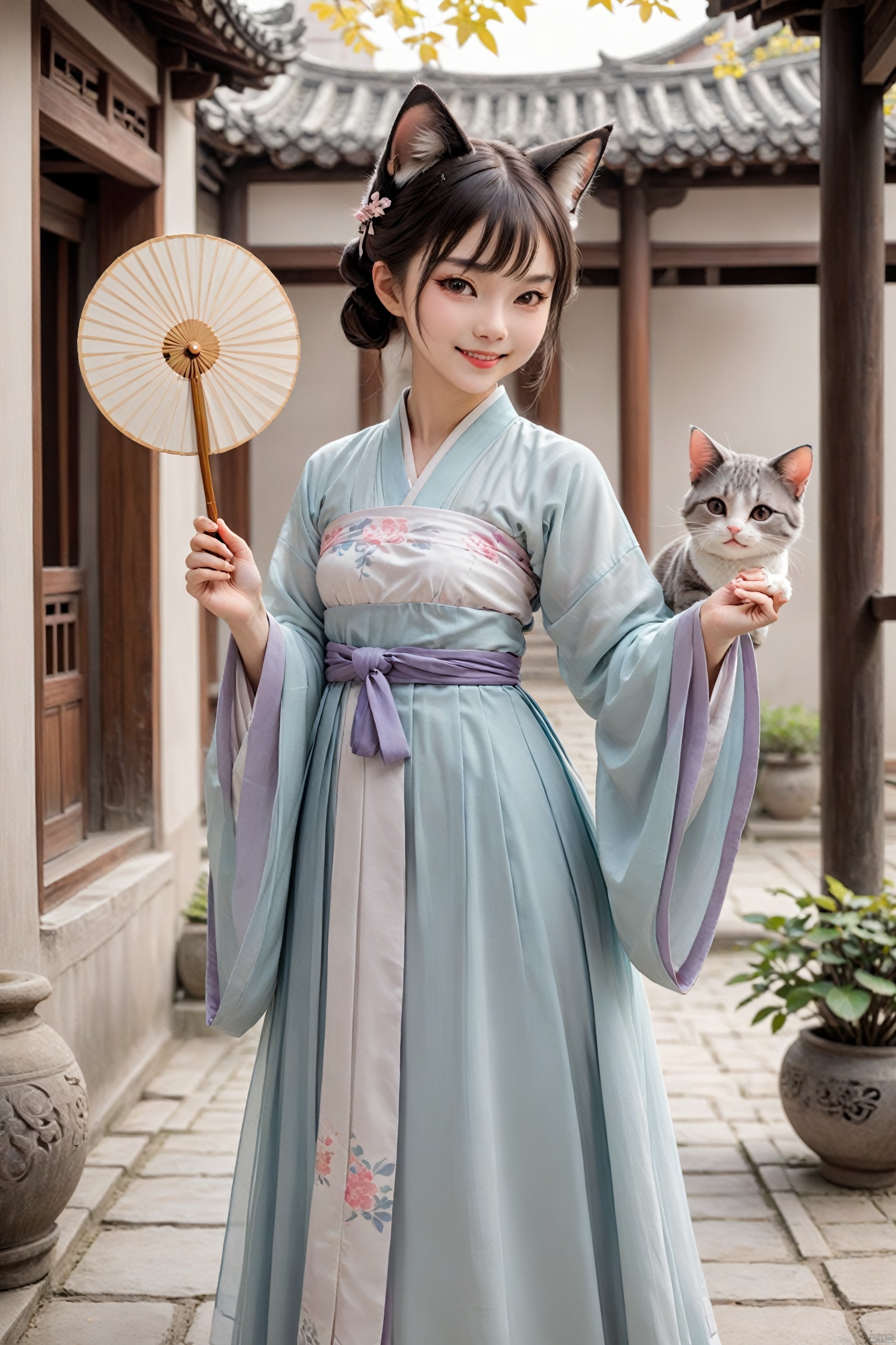 A catgirl in Hanfu stands in an antique courtyard, her cat ears and tail complementing the elegance of the traditional attire. She holds a folding fan in her hand, a sweet smile on her face, as if awaiting a spring rendezvous. The skirt of the Hanfu sways gently with the breeze, harmoniously blending with her catgirl traits., hanfu