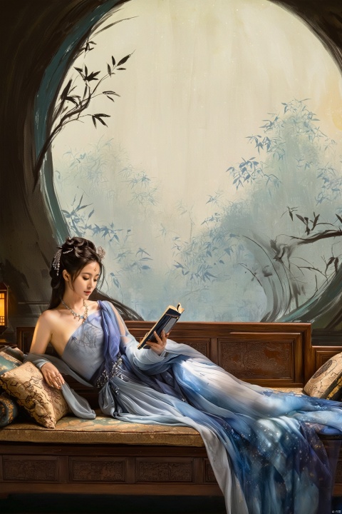 The fox spirit reclines on a couch by the window, her wet hair cascading down like a dark waterfall, catching the moonlight that streams in. She holds a Bamboo Book, its pages whispering ancient secrets as she reads. Clad in a blue off-shoulder long dress, the fabric slips off her arms, revealing her fox ears and a soft brush of her tail. The unintentional sensuality of her posture, combined with the allure of her gaze, is captivating. The room is drenched in the soft, silver glow of the moon, casting a tranquil and ethereal light that enhances the blue of her dress and the wetness of her hair, creating a scene that's both serene and seductive. The shadows play across her relaxed form, adding a touch of mystery to her natural charm.chinese ink painting, baixl-shuimo,paint splatter,ink wash painting,