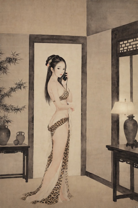  Faded Polaroid photo, medium shot, a girl in leopard print lingerie stands in a dimly lit room. Her gaze is flirtatious, her posture elegant, and her long hair casually draped. Her hand lightly rests on her waist, while the other holds a phone, as if capturing a daring selfie. The room's lights are dim and ethereal, casting a play of light and shadow on her that adds an air of mystery and sensuality to the scene., traditional chinese ink painting